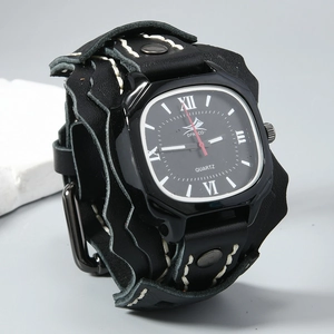 Detail of wide black leather punk watch with white hand-stitching and layered strap design
