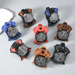 Vintage multilayer leather strap punk rock quartz watch with stitching detail for men