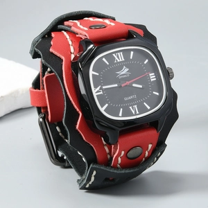 Detailed macro view of punk quartz watch with dual-color leather band and white stitching