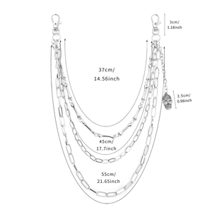 Dreilagige silberne Hosenkette aus Metall mit Knochengliedern, Totenkopf und Maßangaben