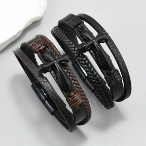 Men's multilayer braided leather bracelet with matte black cross and magnetic clasp