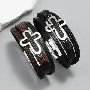 Men's retro multilayer braided leather bracelet with hollow cross and magnetic clasp