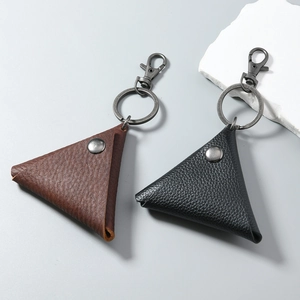 Triangle lychee texture leather coin purse keychain in black and brown with metal ring