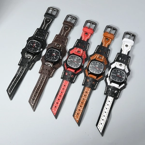 Five assorted colors of men's wide leather punk rock style cuff watches with stitching