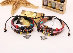 Bohemian multi-layer leather bracelets with colorful beads and metal butterfly charms