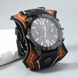 Detail of multi-layer wide leather watch band with white contrast stitching and punk style