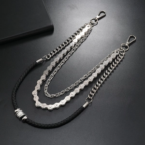 Punk multi-layered silver pants chain with motorcycle links and black leather strap
