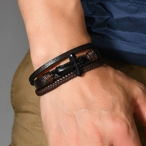 Men's multilayer braided leather bracelet with vintage cross and magnetic clasp