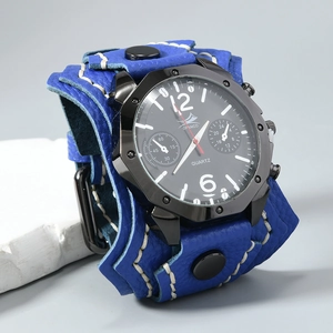 Macro view of blue litchi pattern leather strap with white stitching and metal rivets