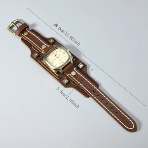 Punk style wide leather watch band with vintage studs and contrast stitching