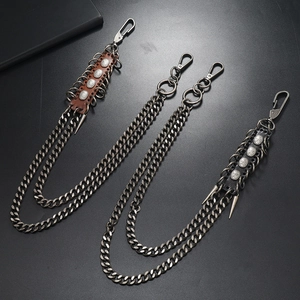 Punk style multilayer metal waist chains with leather accents for jeans and rock fashion