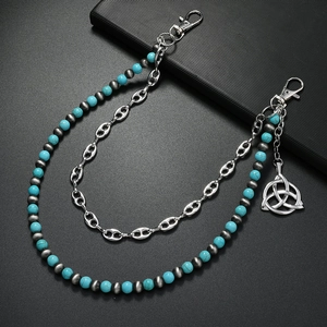 Double-layer silver waist chain with blue turquoise beads and Celtic knot pendant