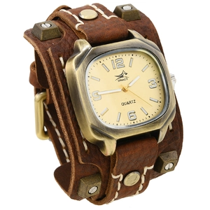 Punk style wide leather watch band with vintage studs and white stitching detail