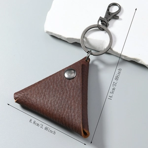 Triangle lychee grain leather coin purse keychain with vintage metal buckle and ring