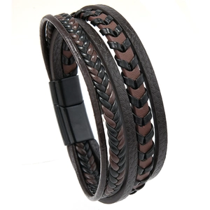 Bracelet Vintage Homme en Cuir PU Tressé Multicouche Avec Fermoir Magnétique en Alliage Bijoux Punk Décontractés