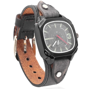 Retro square quartz watch with a wide grey leather studded strap and metal rivets