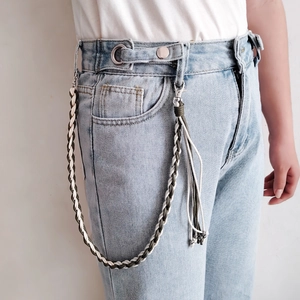 Handmade braided wax rope pant chain with metal clasps and fringe tassels for jeans