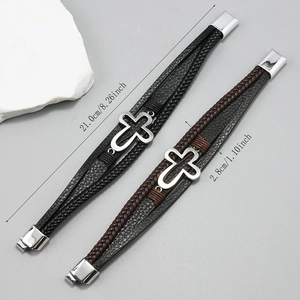 Men's multilayer braided leather bracelet with hollow cross and magnetic clasp