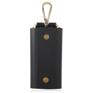 Classic black leather key pouch with lychee texture and bronze metal carabiner