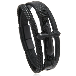 Multilayer braided black leather bracelet for men featuring a cross charm and magnetic clasp