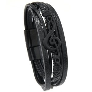 Mehrlagiges schwarzes geflochtenes Lederarmband für Herren mit Violinschlüssel-Anhänger