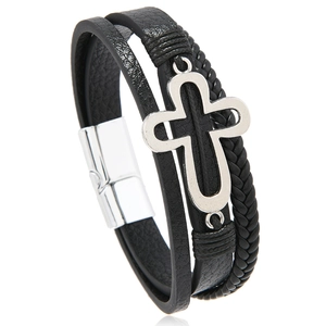 Multi-layer braided leather bracelet for men featuring a silver hollow cross and magnetic clasp