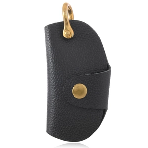 Vintage black lychee pattern cowhide leather key case with brass hook and snap button