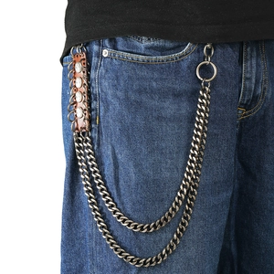 Punk style multi-layer metal trousers chain with brown leather and carved buckles
