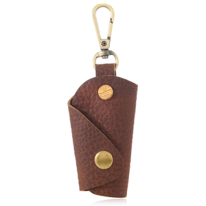 Retro dark brown litchi pattern leather key case with vintage bronze clasp and snap buttons
