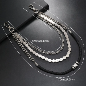 Multi-layer silver metal pants chain with bicycle links and black braided leather strap