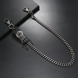 Detail of vintage gunmetal biker wallet chain with leather tab and lobster clasps