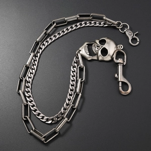 Chaîne de pantalon double en métal style punk avec pendentif crâne et fermoirs mousquetons