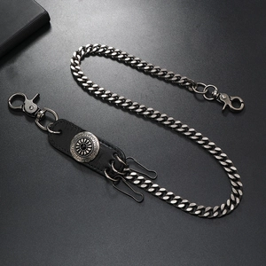 Hip hop punk style silver metal pant chain with leather strap and heavy clasp hooks