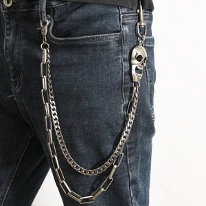 Chaîne de pantalon punk à double épaisseur avec crâne et finition argent ancien