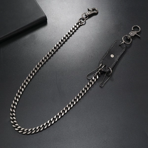 Hip hop punk style Cuban link wallet chain in gunmetal grey with leather trim