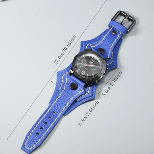 Retro multi-layer royal blue leather men watch with wide band and white contrast stitching