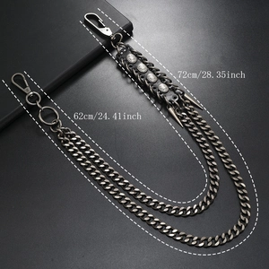 Punk multilayer silver metal pant chain with black leather and studs, 62cm-72cm lengths