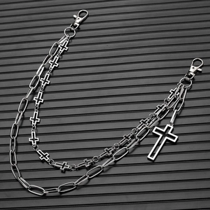 Chaîne de pantalon gothique argentée à plusieurs couches avec pendentifs croix hip hop