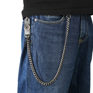 Punk style heavy metal waist chain with vintage leather shield and silver curb links