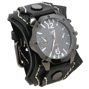 Retro punk rock style men's wide black leather strap quartz watch with white stitching