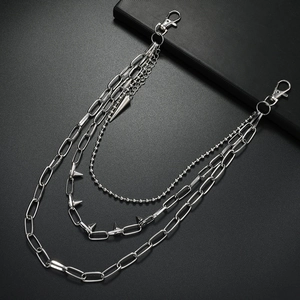 Three-layer silver punk trouser chain with spikes and lobster clasps for jeans
