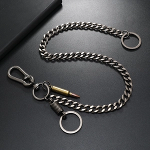Gothic heavy metal wallet chain with flat Cuban links and realistic bullet pendant