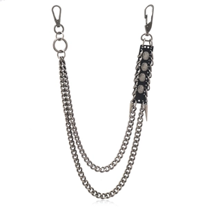Double-layered punk metal pants chain with studded leather piece and spring hooks