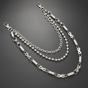 Three-layer silver punk hip-hop waist chain with triple metal strands and lobster clasps