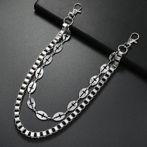 Chaîne de pantalon punk à double couche avec pendentifs croix et maillons en métal argent
