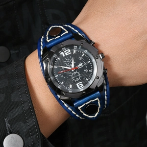 Men's punk style wide leather watch with manual stitching and decorative rivets