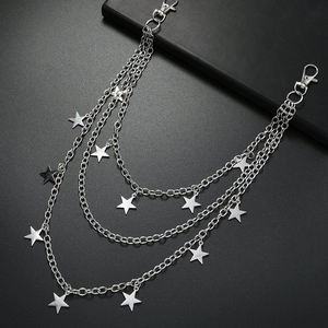 Three-layer silver metal pants chain with star pendants and lobster clasps in punk style