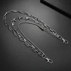 Three-layer silver punk wallet chain with metal spikes and lobster clasps for trousers