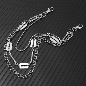 Multilayer silver metal waist chain with razor blade pendants and lobster clasps