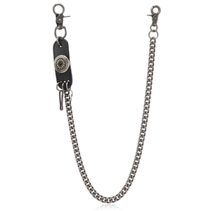 Punk Hip Hop Men's Metal Pant Chain With Black Cowhide Leather Patch Vintage Sunflower Concho Gunmetal Jeans Wallet Chain
